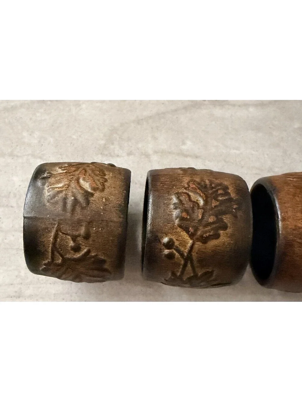 Brown Embossed Leaves Napkin Rings Set of 4 Round Rustic Fall